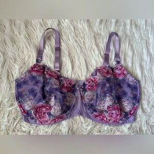 Victoria's Secret Lavender Floral Lace Underwire Bra with Pink Rose Embroidery